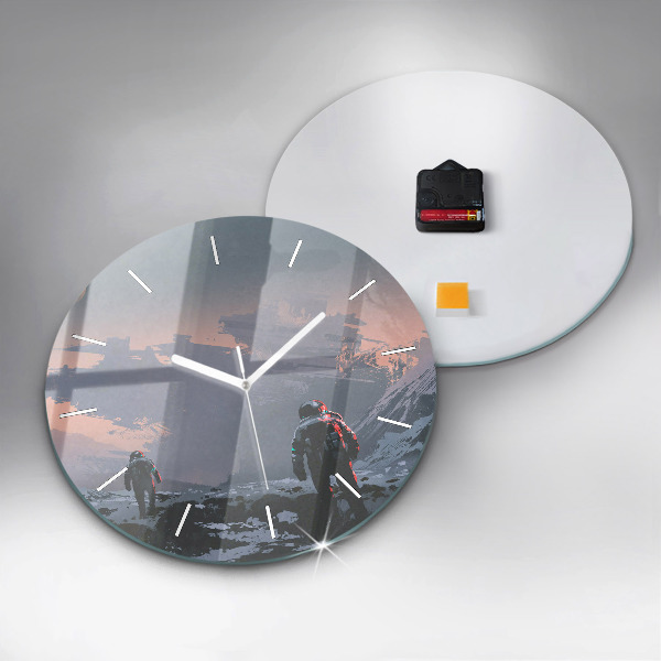 Round glass clock Astronauts abstract