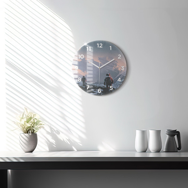 Round glass clock Astronauts abstract