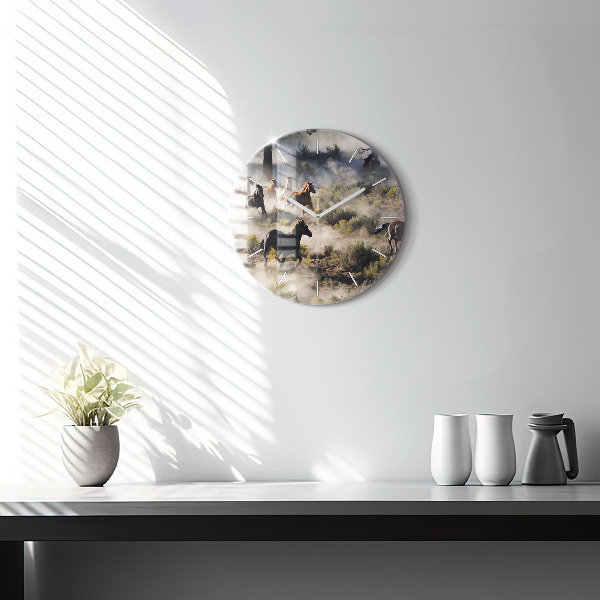 Round glass clock A herd of rushing horses