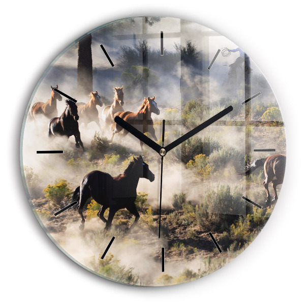 Round glass clock A herd of rushing horses