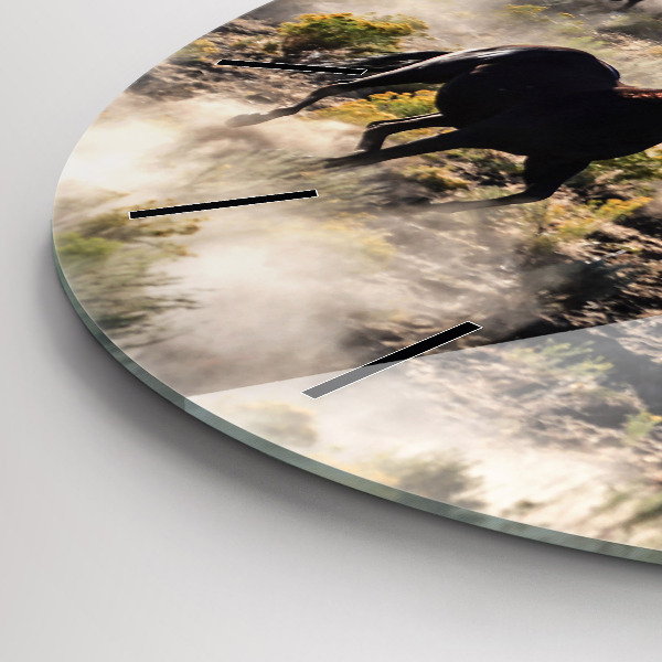 Round glass clock A herd of rushing horses