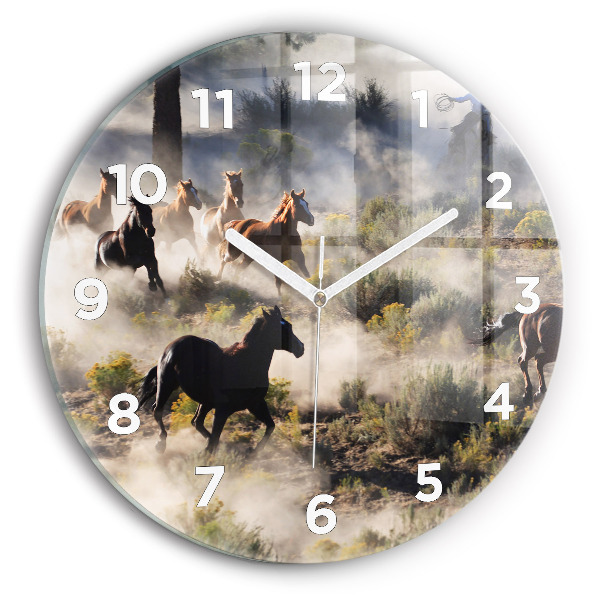 Round glass clock A herd of rushing horses