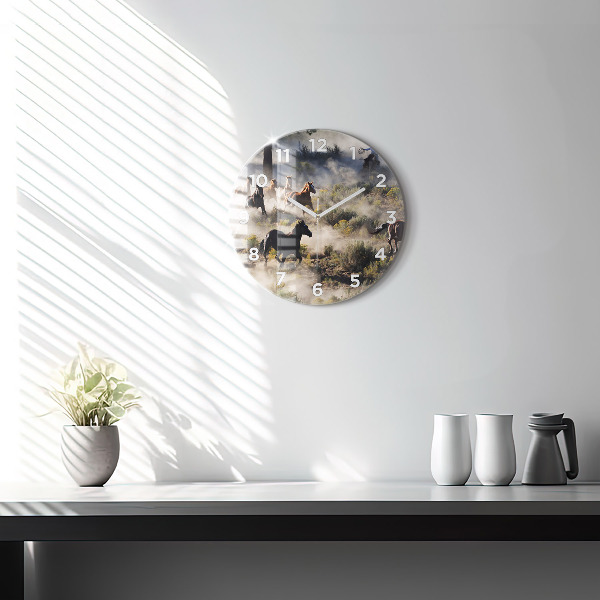 Round glass clock A herd of rushing horses