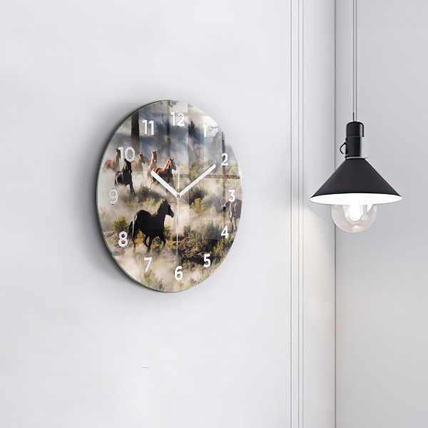 Round glass clock A herd of rushing horses
