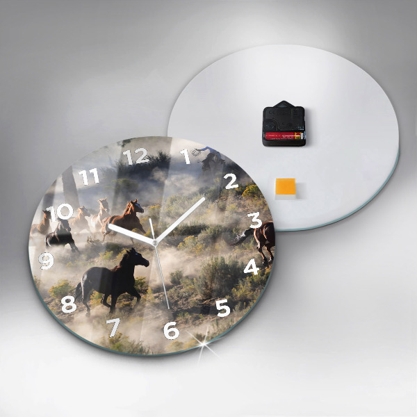 Round glass clock A herd of rushing horses