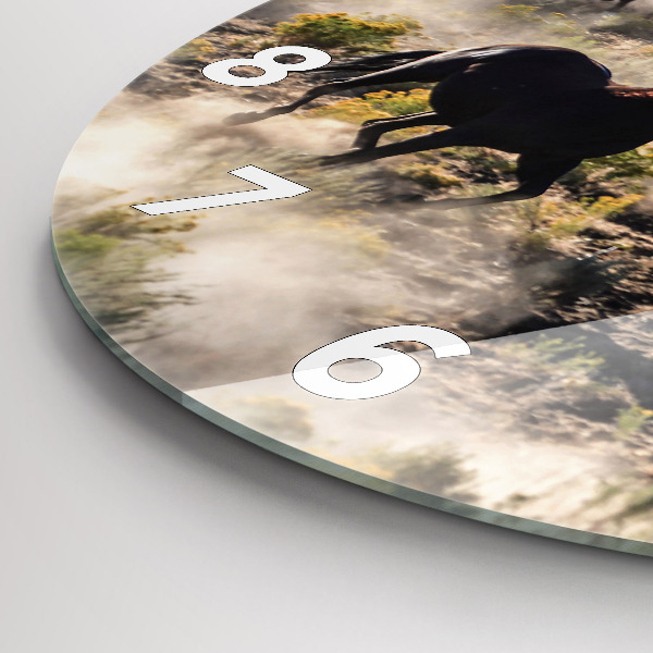 Round glass clock A herd of rushing horses
