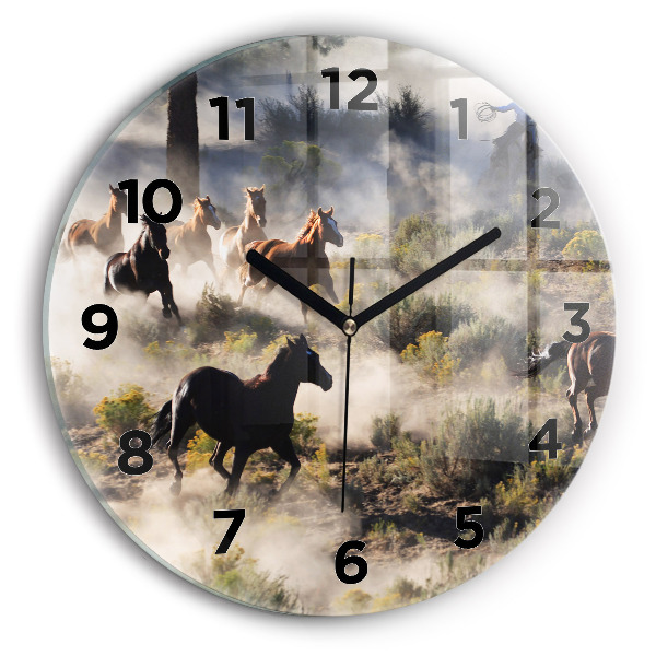 Round glass clock A herd of rushing horses