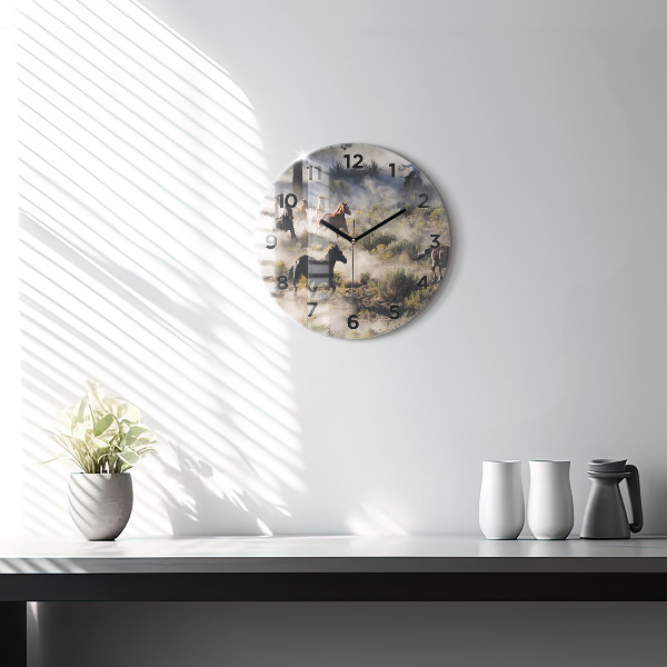 Round glass clock A herd of rushing horses