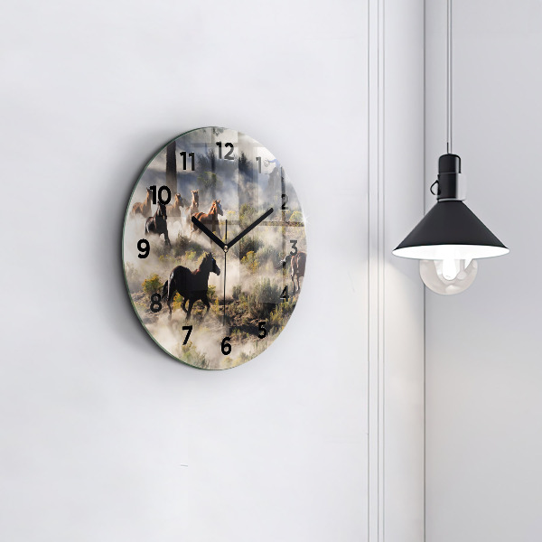 Round glass clock A herd of rushing horses