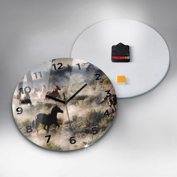 Round glass clock A herd of rushing horses