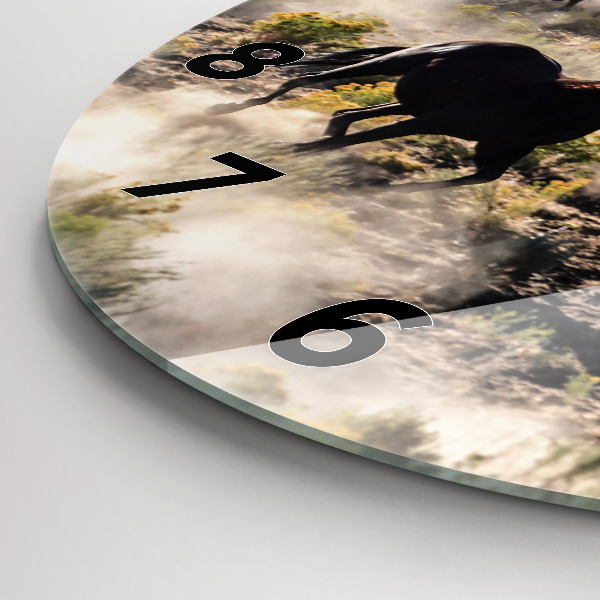 Round glass clock A herd of rushing horses
