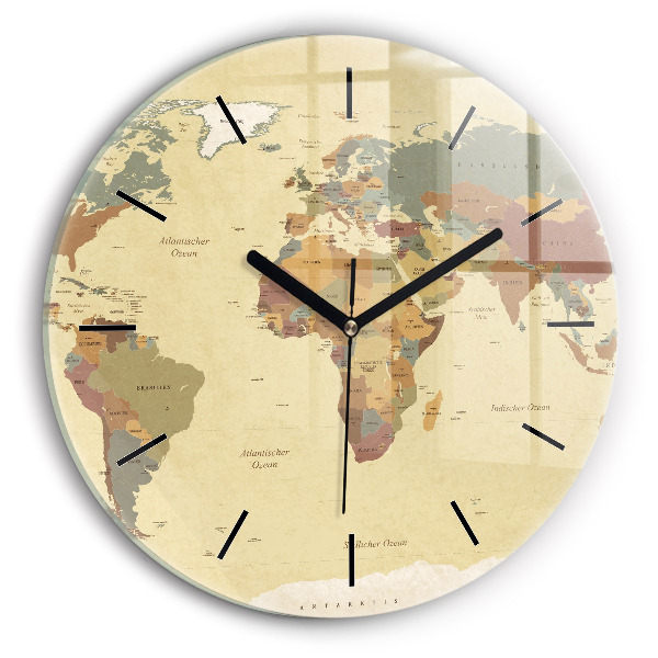 Round glass clock Vintage World Map