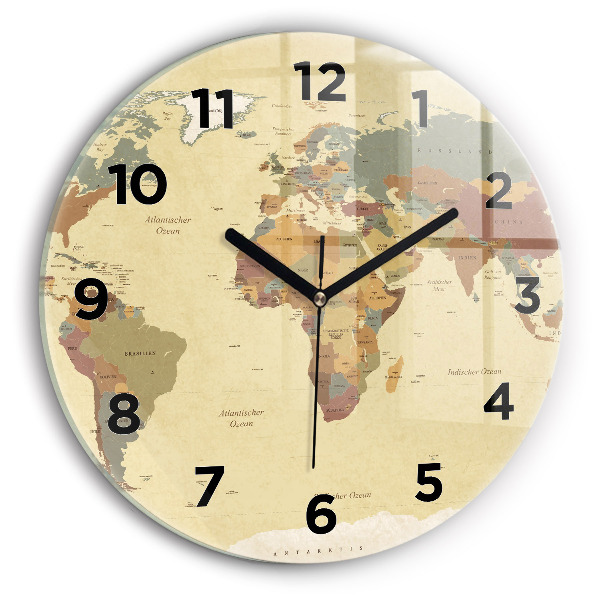 Round glass clock Vintage World Map