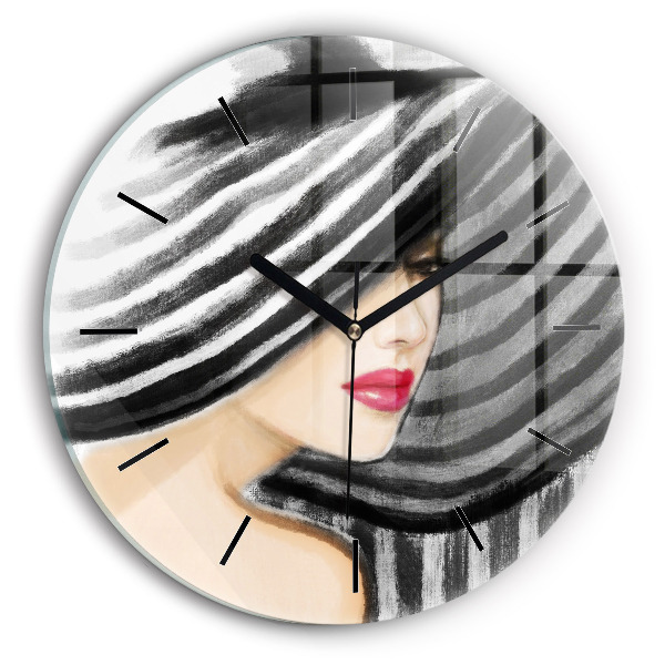 Round glass clock Woman in Black and White