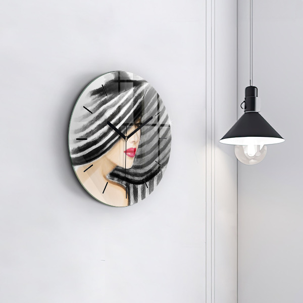 Round glass clock Woman in Black and White