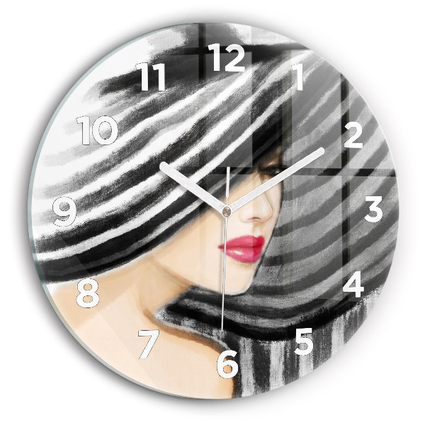 Round glass clock Woman in Black and White