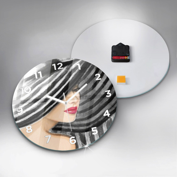 Round glass clock Woman in Black and White