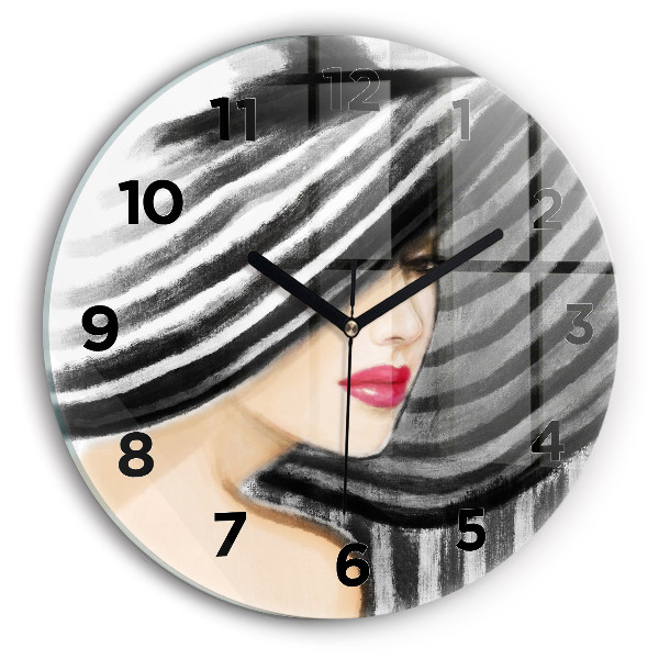 Round glass clock Woman in Black and White