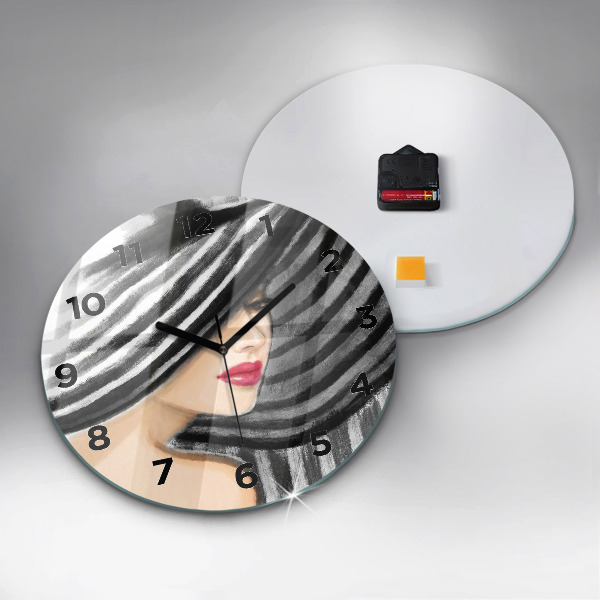 Round glass clock Woman in Black and White
