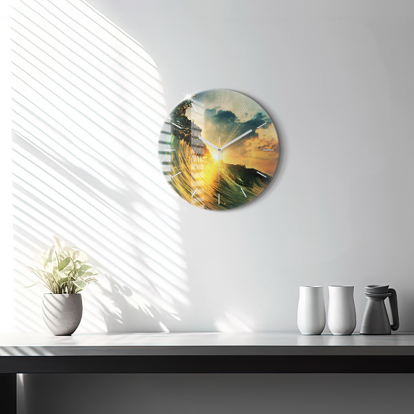 Round glass clock Wave Sunset