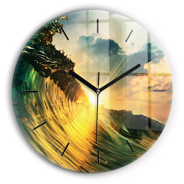 Round glass clock Wave Sunset
