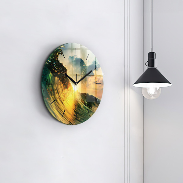 Round glass clock Wave Sunset