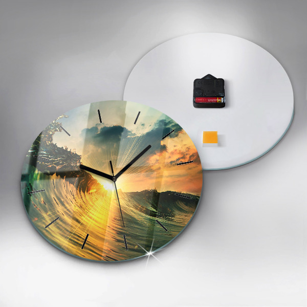 Round glass clock Wave Sunset