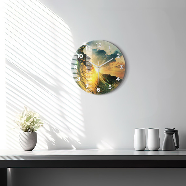 Round glass clock Wave Sunset