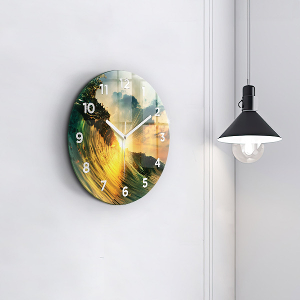 Round glass clock Wave Sunset