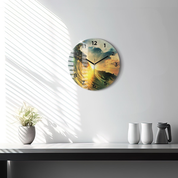 Round glass clock Wave Sunset