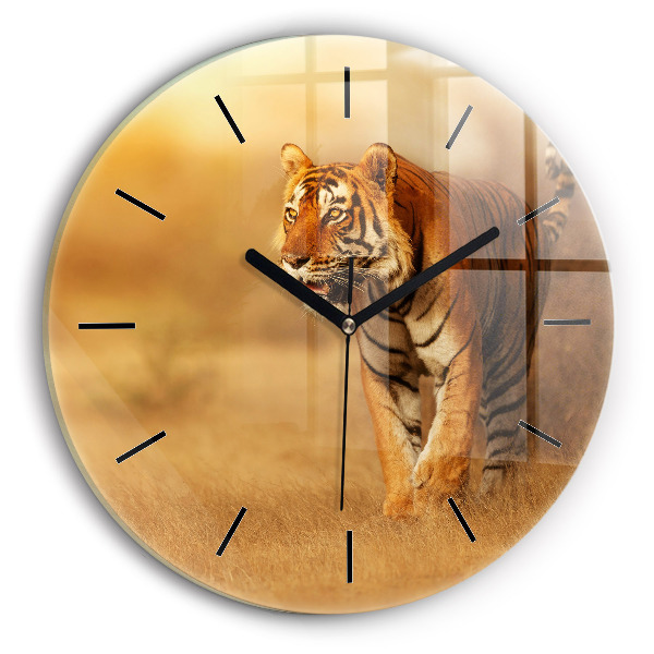 Round glass clock Hunting Tiger