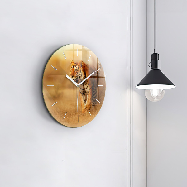 Round glass clock Hunting Tiger