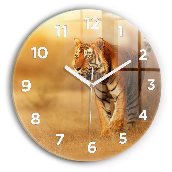 Round glass clock Hunting Tiger