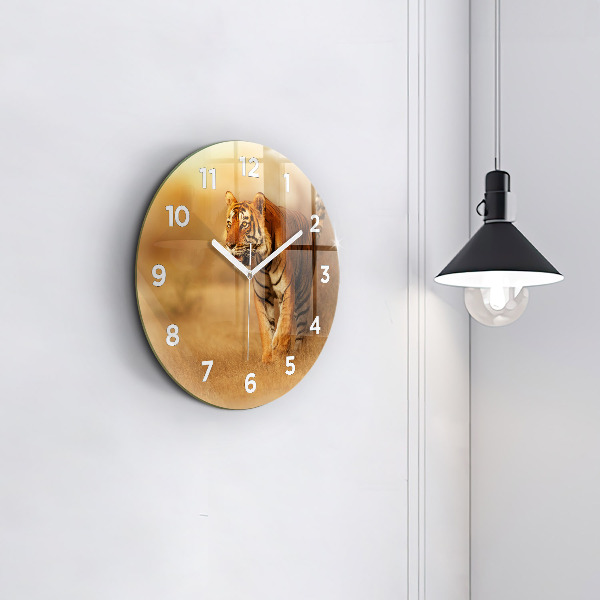 Round glass clock Hunting Tiger