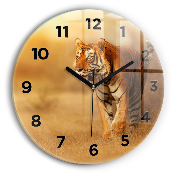Round glass clock Hunting Tiger