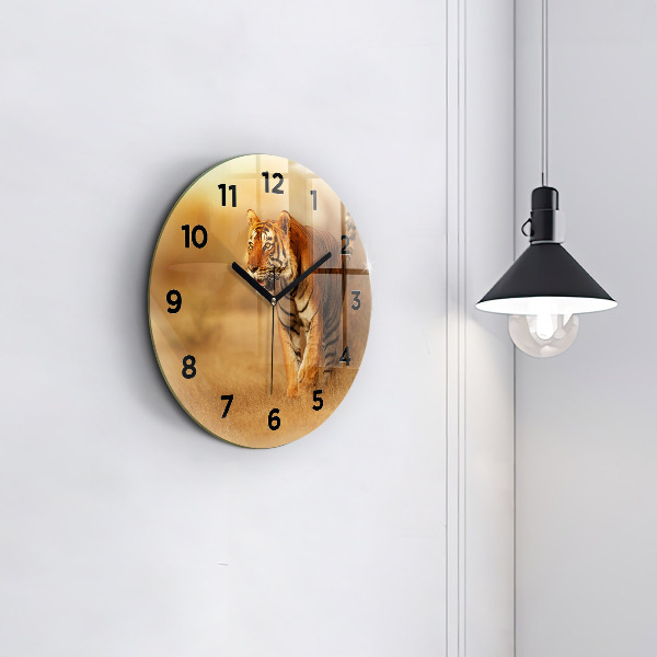 Round glass clock Hunting Tiger