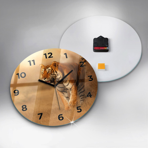 Round glass clock Hunting Tiger