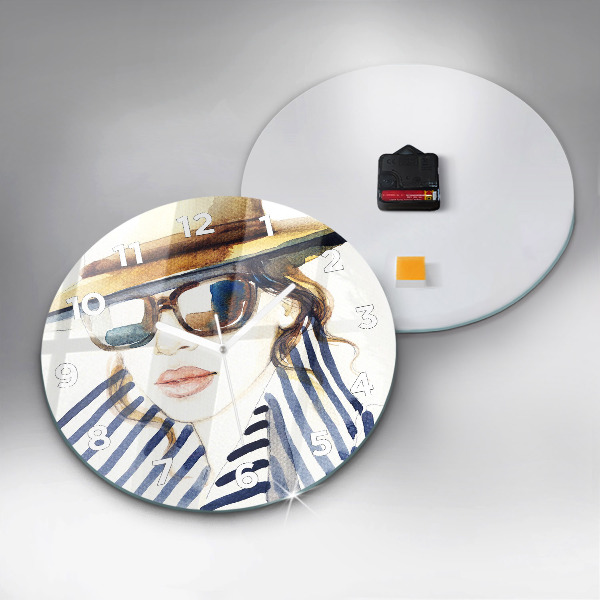 Round glass clock Face with glasses and hat