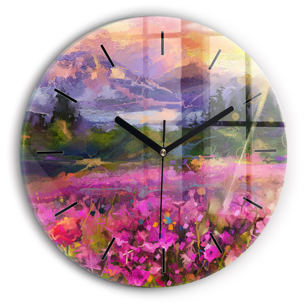 Round glass clock Meadow in the sunset