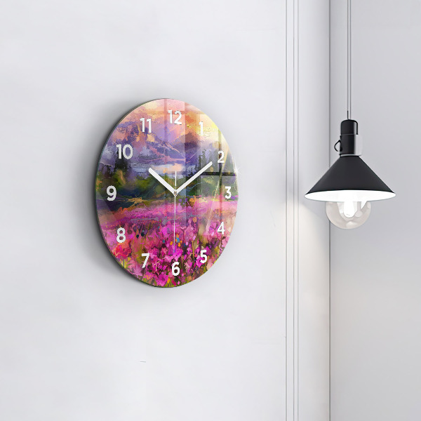 Round glass clock Meadow in the sunset