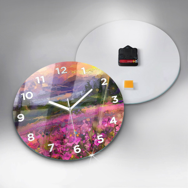 Round glass clock Meadow in the sunset