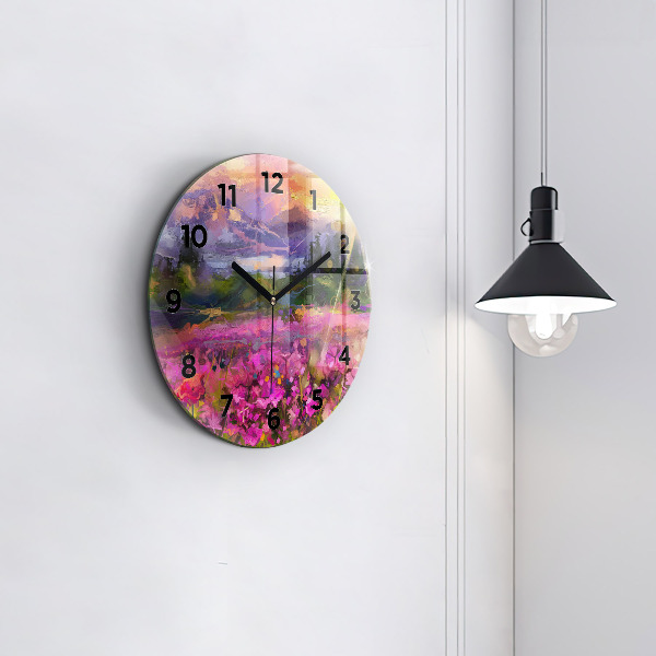 Round glass clock Meadow in the sunset