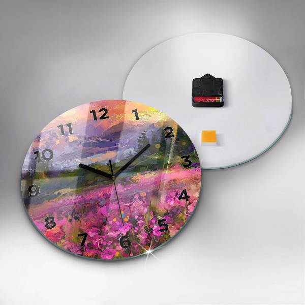 Round glass clock Meadow in the sunset