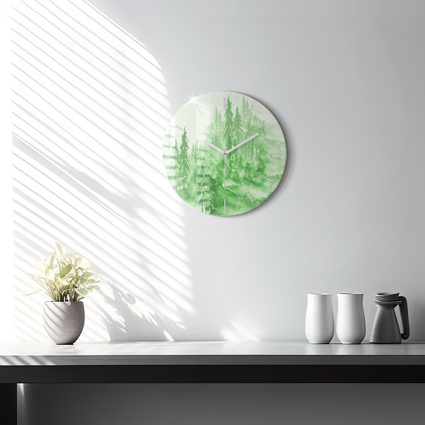 Round glass clock Painting green forest
