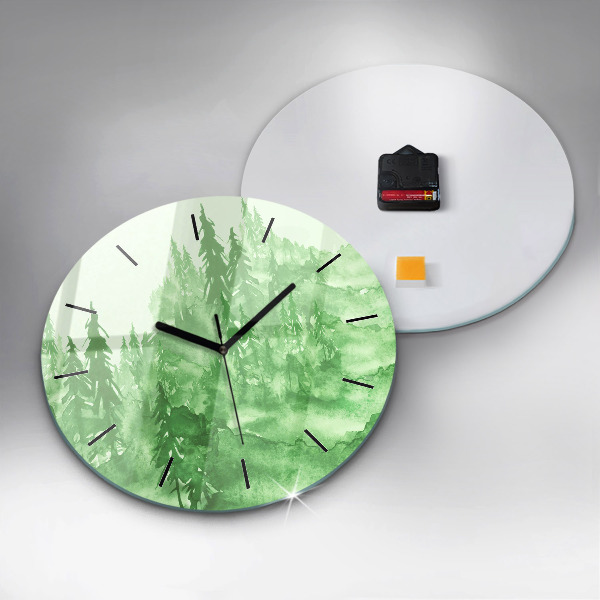 Round glass clock Painting green forest