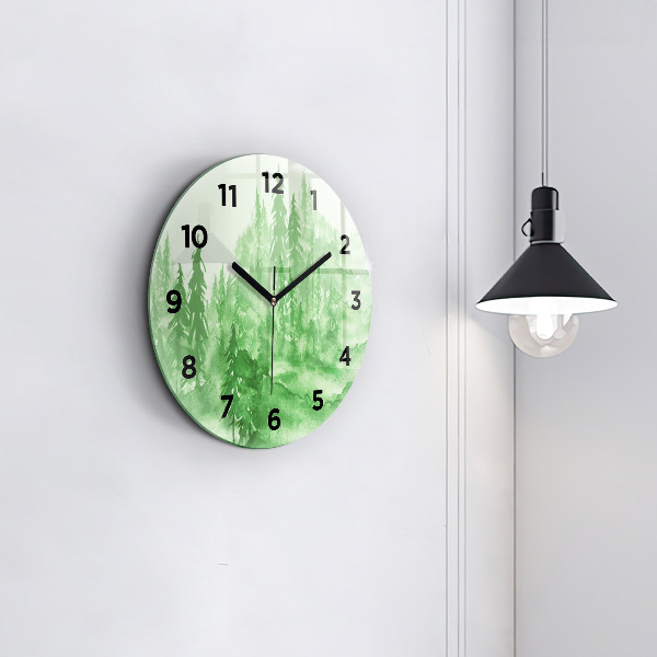Round glass clock Painting green forest