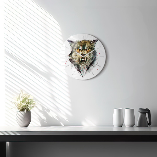 Round glass clock Drawn portrait of a wolf