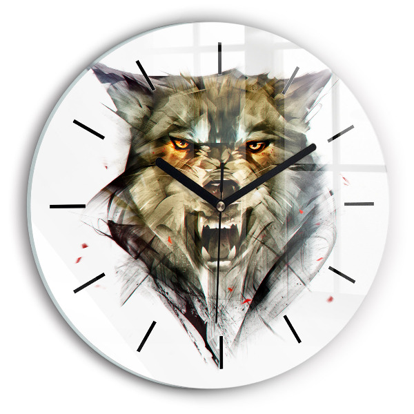 Round glass clock Drawn portrait of a wolf