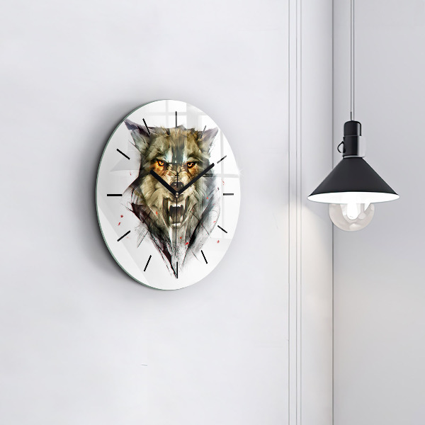 Round glass clock Drawn portrait of a wolf
