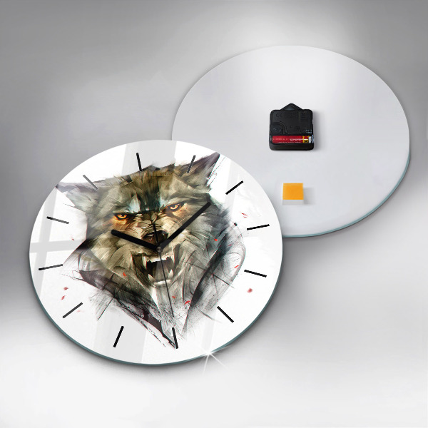 Round glass clock Drawn portrait of a wolf